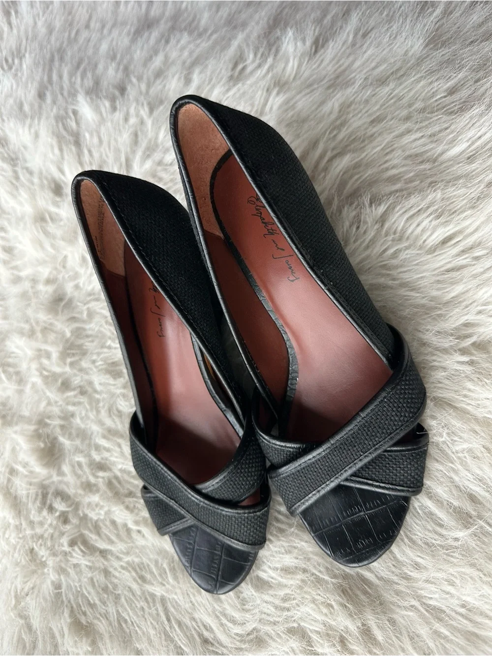 Elizabeth and James Black Textured Wedge Peep-Toe Pumps 6